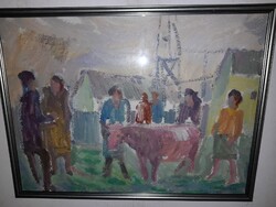 Incze János Dés (1912-1999) - Cow at the Fair. Modern oil painting.