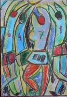NÉMETH MIKLÓS (1934-2012) "RÖPLABDÁZÓK" 2006 (50X35 cm) OLAJ-PASZTELL, FESTMÉNY, RITKA!