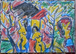 NÉMETH MIKLÓS (1934-2012) "HÁROM AKT" 2006 (35X50 cm) OLAJ-PASZTELL, FESTMÉNY, RITKA!