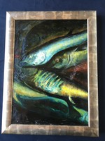 Oil painting depicting fish.