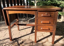 Antique English Oak Writing Desk with Lingel Style, Old Drawer Office or Teacher Desk with Drop-Leaf
