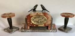 Hollóházi Fireplace Set with Two Swallow Statues - French Art Deco, Marble Clock Case, Repeating Mechanism, Signed