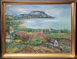 Badacsony 80x60 cm olajfestmény, szép keretben! Balatoni panoráma, színes tájkép, Bottyán János műve