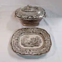Antik walesi F. Primavesi & Sons barna transferware készlet, Dacca mintás (c. 1870-1880)