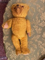 Antik mohair mackó borostyán üvegszemekkel, szalmatöltettel – 42 cm (ca. 1930-1950)