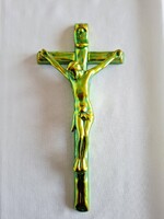 Zsolnay 32cm Eozin arany-zöld eozin kereszt Jézussal (sérült) (494.)