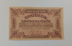 1946-os Egyszázezer adópengőről szóló adójegy / numizmatika/ pènz/èrme/