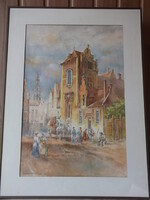 Volent Miklós (1940-c.2009) Medieval atmosphere watercolor, pencil, oil underpainting, pastel, framed