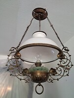 Antique Art Nouveau Ceiling Lamp / Oil Lamp Chandelier with Opaline Shade