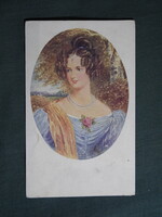 Képeslap,Josef Kränzle grafika,művészet,lány,hőlgy,női modell,korhű ruházat,divat,1910-