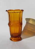 Amber Yellow Vintage Glass Vase with Rose Pattern Stripe