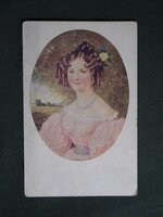 Képeslap,Josef Kränzle grafika,művészet,lány,hőlgy,női modell,korhű ruházat,divat,1910-