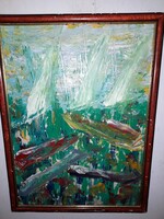 Klie Zoltán (1897-1992) - Ships. Beautiful modern oil painting.