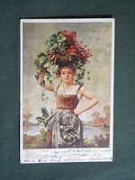 Képeslap,D. Hock grafika,művészet,lány,hőlgy,női modell,korhű ruházat,divat,zöldséges kosár,1920-