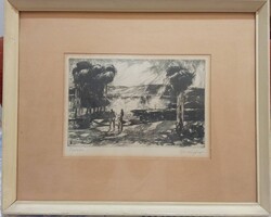 Géza Boross (1908-1971): Lake Balaton - original, signed copper engraving landscape