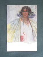Képeslap,Sergey Solomko grafikai,művészet,lány,női modell,népviselet ruházat,érett gyümölcs,1917-