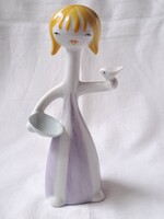 Hollóházi art deco Hamupipőke, galambot és tálat tartó lány porcelán figura, Ősz Szabó Antónia