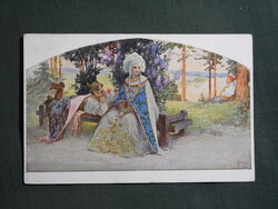 Képeslap,Sergey Solomko grafikai,művészet,férfi,lány,női modell,korhű ruházat,divat,szerelem,1917-
