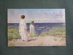 Képeslap,dombornyomott,Paul Gustav Fischer grafika,művészet,lány,hőlgy,női modell,tengerparton,1910-