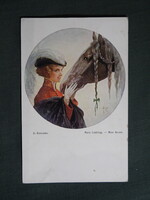 Képeslap,Sergey Solomko grafikai,művészet,lány,kalapos női modell,lovagló hölgy ruházat,1917-