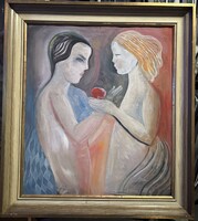 Two women with an apple – Modernist / Art Deco style figurative composition, mixed technique