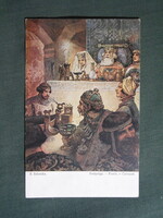 Képeslap,Sergey Solomko grafikai,művészet,férfi,lány,női modell,népviselet ruházat,lakoma,1917-