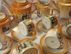 Zsolnay narancssárga irizáló (lüsztermázas), japán gésa (keleti) alakos díszítésű antik porcelán teá