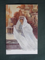 Képeslap,Sergey Solomko grafikai,művészet,lány,női modell,korhű ruházat,divat,menekülés,1917-