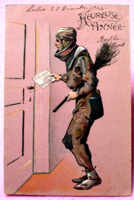 Antique embossed New Year's greeting postcard - chimney sweep 1904