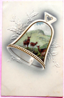 Antique embossed Christmas greeting postcard - bell, winter landscape, deer 1910