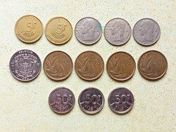Belgium 13 db Különböző Érme 5 10 20 50 Frank Francs 1950-1990