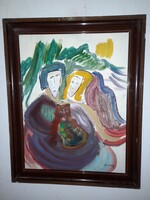 Burai or Buraj signature, lovers with a cat, old oil painting.