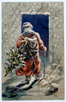 Antique embossed Christmas greeting card - Christmas tree Santa 1907