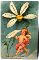 Antique embossed greeting card - angel, love-not love, daisy flower 1904
