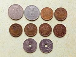 Dánia 10 db Különböző Érme 25 50 Öre 1 Korona 1967-2000