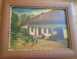 Hungarian House with Chickens and Hen, Acrylic Painting in Frame