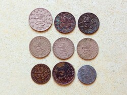 Csehszlovákia 9 db Különböző Érme 2 10 20 50 Halierov 1 Korona 1921-1950