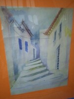 Mediterranean Village Painting by Unknown Artist in Plexiglas, 50 x 70 cm, New Frame