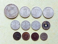 Magyarország 12 db Különböző Érme 10 20 Fillér 1 2 5 Pengő 1926-1944