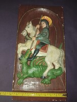 Jelzett , egyedi kerámia relief / falikép – Sárkányölő Szent György (1983, 3.8 kg)