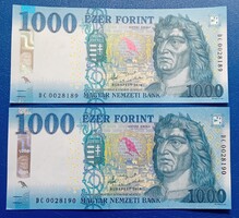 2 pcs 1000 Forint 2018 DC, UNC, low serial number rare
