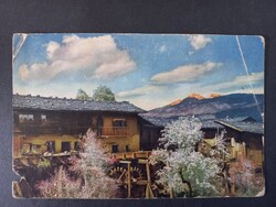 Antik képeslap Tirol, virágzó gyümölcsfák, alpesi parasztház, vízimalom, 1913 Mihályháza bélyegzésse