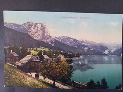 Antik képeslap  Grundlsee, tóparti falu, csónakok, hegyvidéki panoráma, Ausztria, kb. 1910