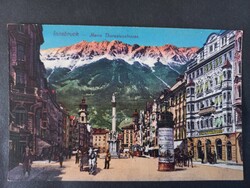 Antik képeslap Innsbruck, Mária Terézia utca, Anna-oszlop, villamos, lovas kocsik, kb. 1910