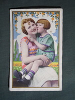 Képeslap,grafikai művészet,gyerek,kislány,hőlgy,női modell,korhű ruházat,divat,1930-