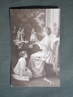 Képeslap,Albert Depré grafika,művészet,kislány,hőlgy,női modell,korhű ruházat,divat,játék baba,1914-