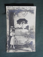 Képeslap,fotómontázs,ABC betűs,lány,gyerek,esernyős kislány,nő modell,korhű ruházat,divat,1904-