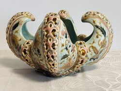 Hollóházi family-marked 4-section turquoise Persian decorated pierced table centerpiece circa 1880