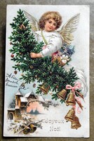 Antik dombornyomott Karácsonyi üdvözlő képeslap - angyalka díszített fenyő girland arany harang