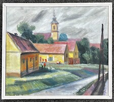 Kolozsvári László: Csertői utcakép. Nagyméretű, jelzett olajfestménye!